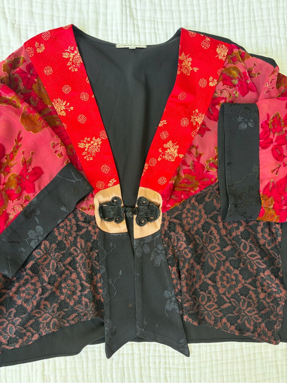 Vintage Spencer Alexis Mixed Media Kimono Jacket XL Red Black Art to Wear